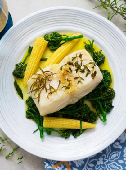 Bacalhau ao Alecrim e Tomilho com Bimis e Mini-Milhos