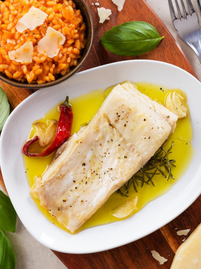 Bacalhau Confitado com Risoto de Tomate