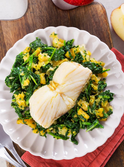 Bacalhau no Forno com Grelos, Batata-Doce e Maçã