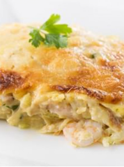 Bacalhau Gratinado com Miolo de Camarão no Forno