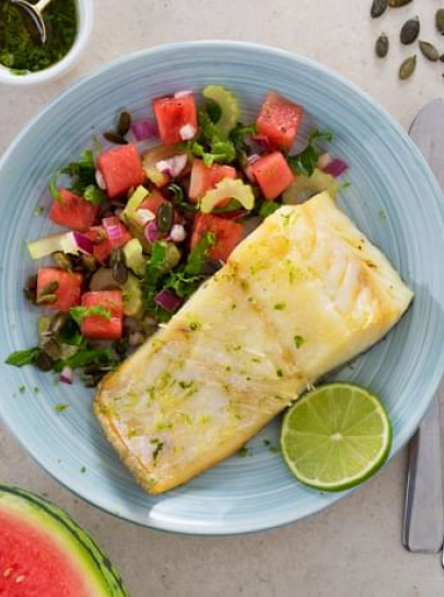 Bacalhau Grelhado com Molho de Aromáticas e Lima