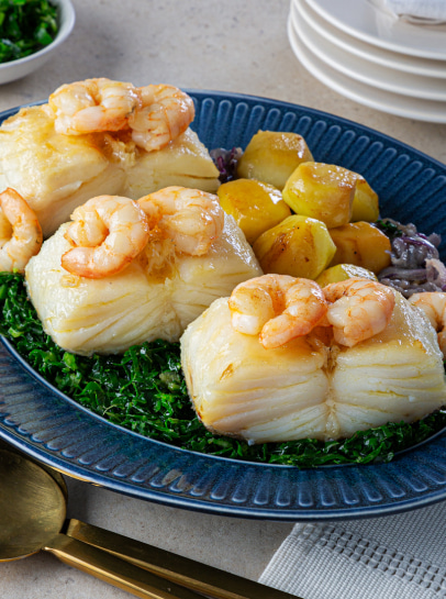 Lombos de Bacalhau com Miolo de Camarão Selvagem à Portuguesa