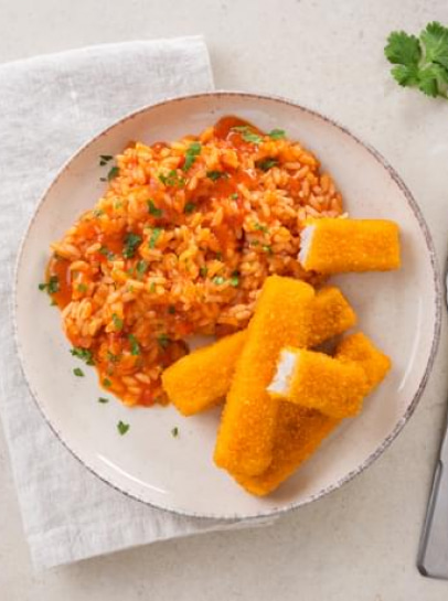 Barrinhas de Pescada com Arroz de Tomate