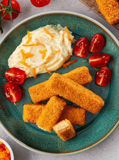 Barrinhas de Pescada com Puré com Cenoura Ralada