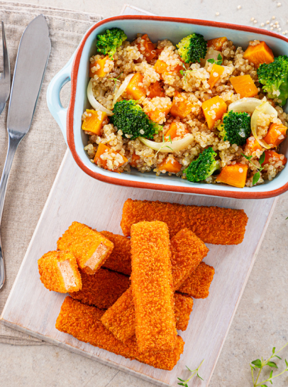 Barrinhas de Salm&atilde;o sem Gl&uacute;ten com Quinoa de Legumes Assados