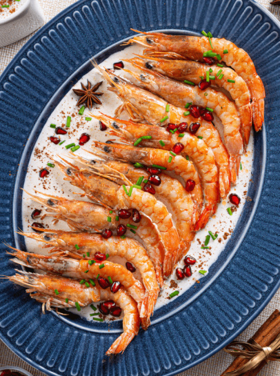 Camarão com Molho de Especiarias com Romã e Cebolinho