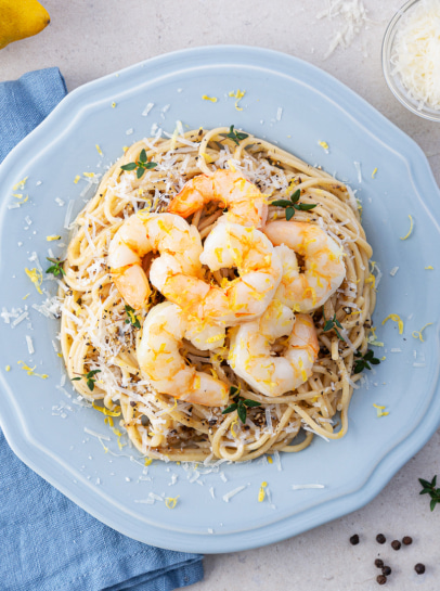 Miolo de Camarão Gigante ao Limão com Esparguete "Cacio e Pepe"