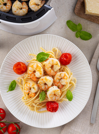 Camarão com Tomate, Parmesão e Manjericão na Air Fryer