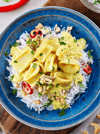 Caril de Lulas e Cajus com Arroz de Coentros