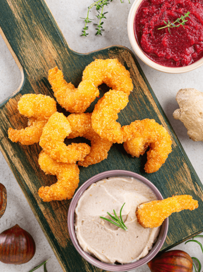 Camarão Panado com Dips de Castanha e de Beterraba