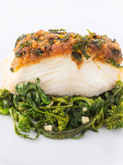 Bacalhau com Crosta de Grelos, Alheira e Broa