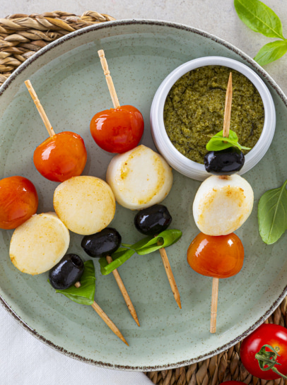 Espetos de Pérolas do Mar com Pesto de Manjericão