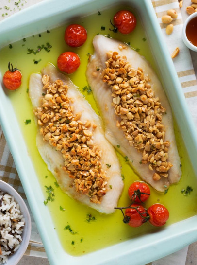 Filetes de Pangasius com Crocante de Amendoim e Mel