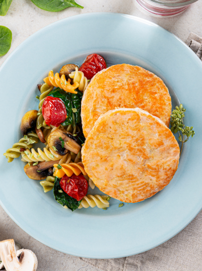 Fishburgers de Salm&atilde;o com Fusilli e Vegetais aos Or&eacute;g&atilde;os