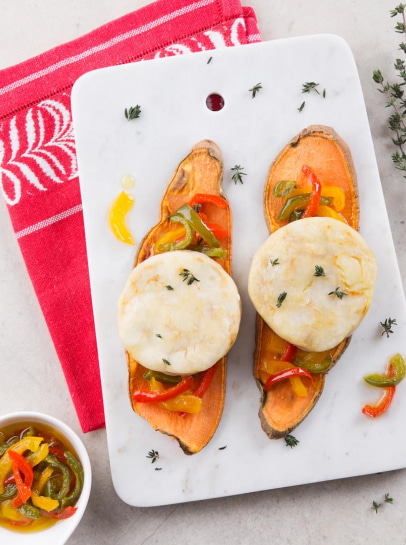 Fishburgers de Pescada com Pimentos em Torrada de Batata-Doce