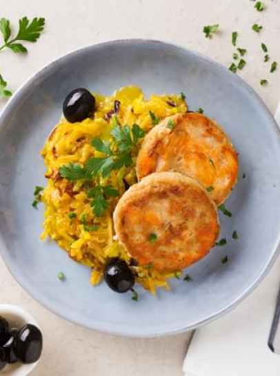 Fishburgers de Salmão com Legumes à Brás