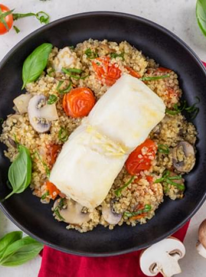 Bacalhau no Forno com "Quinoto" de Cogumelos e Tomate