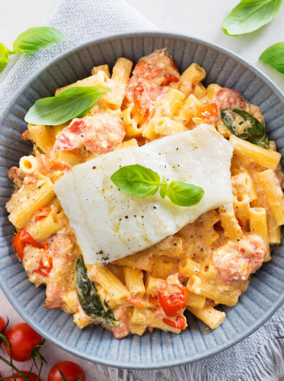 Massa de Feta e Tomate com Bacalhau no Forno