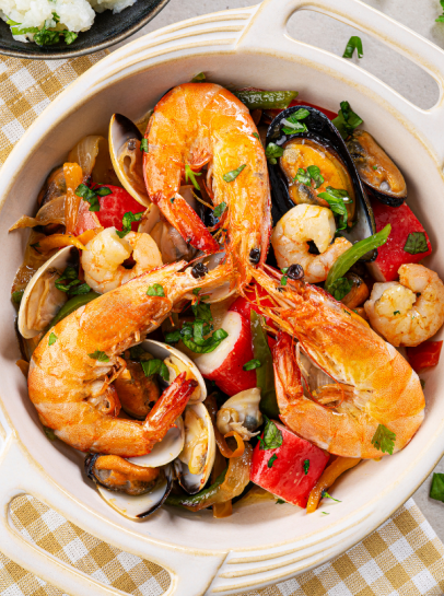 Mariscada aos Pimentos com Esmagada de Couve-Flor