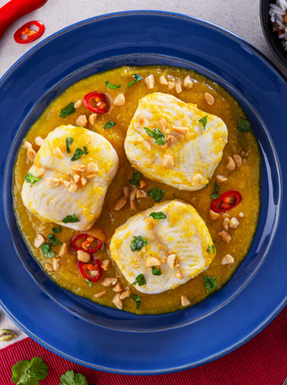 Pescada Com Molho Ex&oacute;tico de Manga e Amendoins