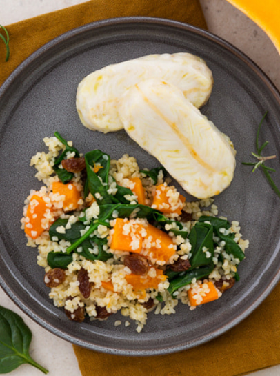 Mimos de Pescada do Cabo no Forno com Bulgur de Abóbora e Espinafres