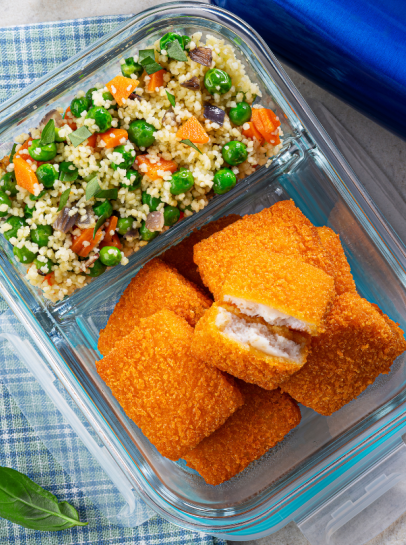 Nuggets de Pescada com Cuscuz e Salteado de Vegetais