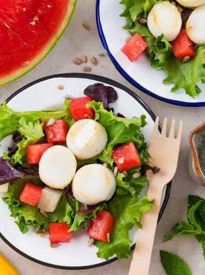 Pérolas do Mar com Salada de Melancia e Melão