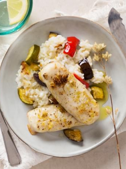 Pescada no Forno com Arroz de Legumes Assados