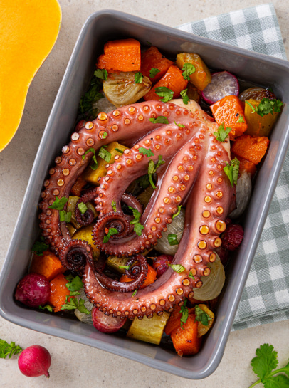 Polvo Limpo no Forno com Legumes de Outono aos Coentros