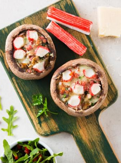 Portobello Recheado com Delícias do Mar, Bacon e Mozzarela