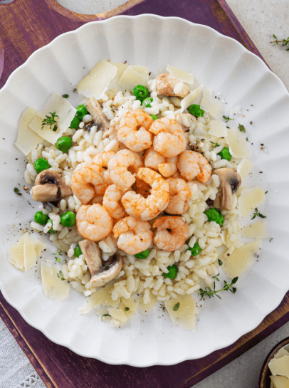 Risoto de Camarão, Ervilhas e Cogumelos