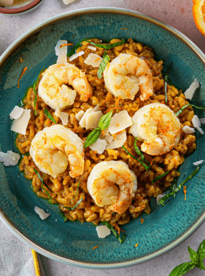Risoto de A&ccedil;afr&atilde;o e Laranja Com Camar&atilde;o
