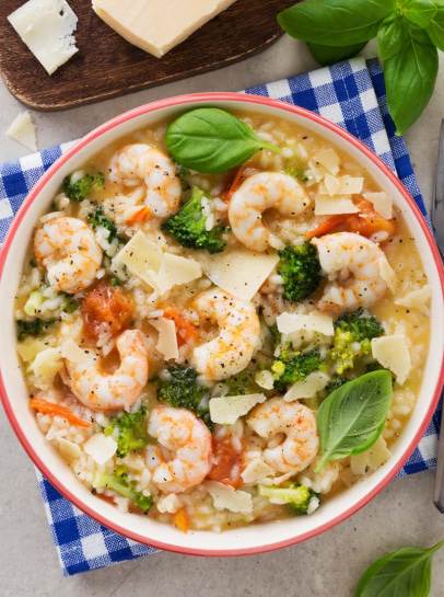 Risoto de Brócolos e Tomate Cereja com Camarão