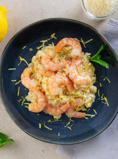 Risoto de Limão com Miolo Grande de Camarão à Hortelã