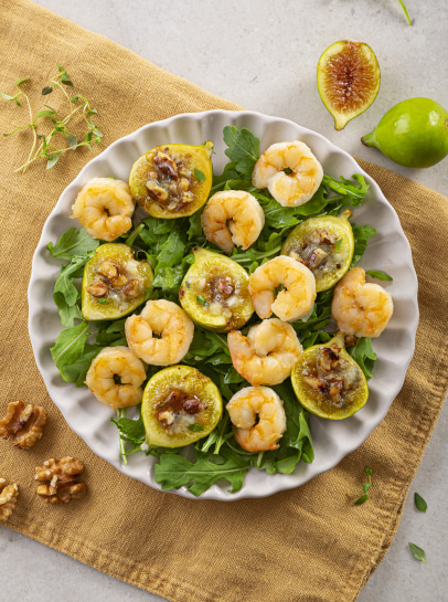 Salada de Figos Assados com Roquefort e Camarão