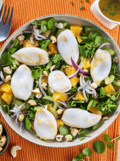 Salada de Lulas Grelhadas, Laranja e Vegetais