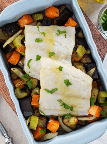 Supremas de Bacalhau em Cama de Legumes