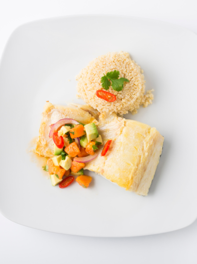 Bacalhau Grelhado com Ceviche de Abacate e Papaia