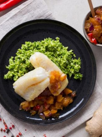 Pescada com Chutney de Abóbora e "Cuscuz" de Brócolos