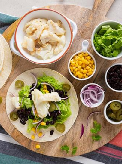 Tacos de Bacalhau, Feijão e Milho com Jalapeños